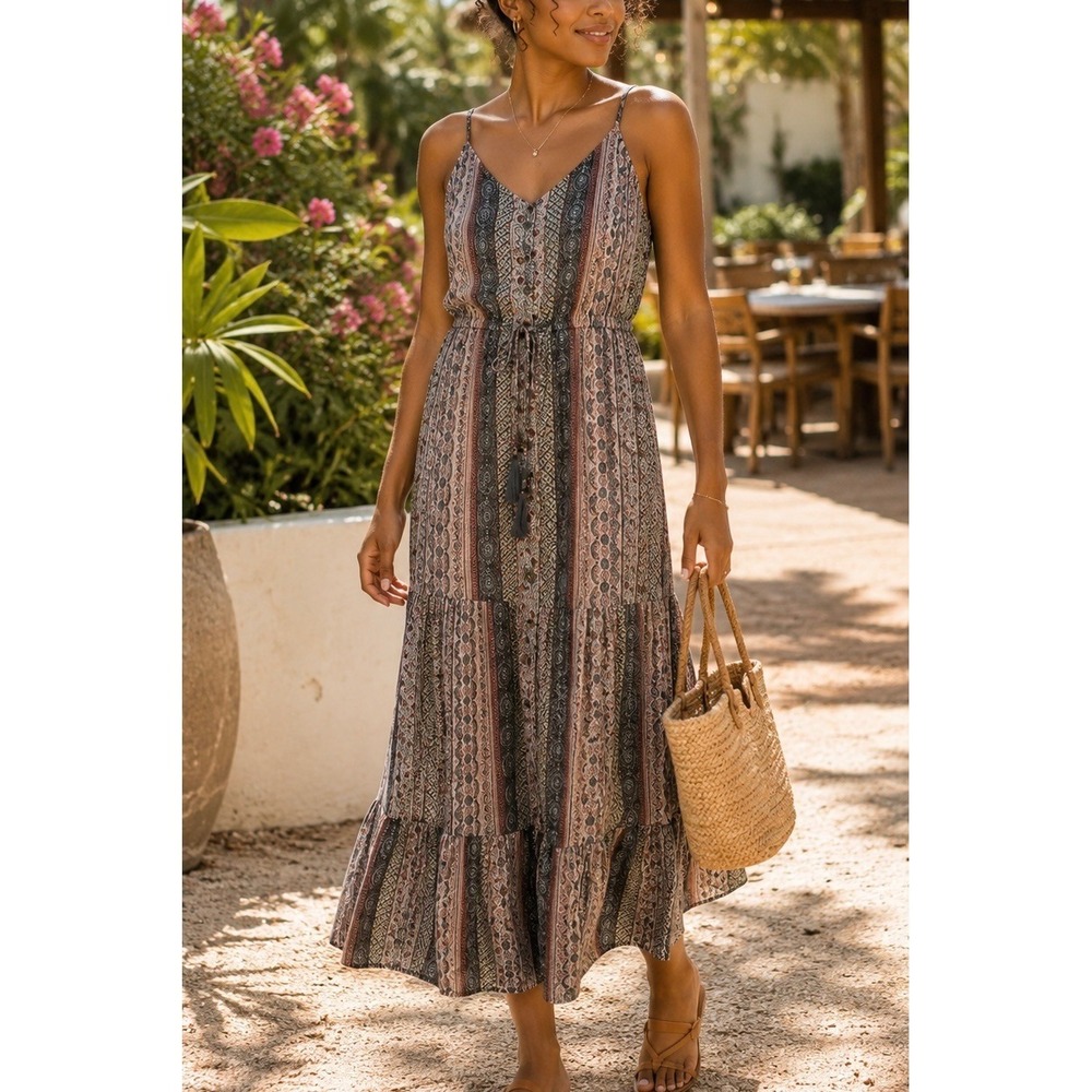 Dress Forum‎ Multicolor Paisley Floral Maxi Dress Small Boho Tiered Button Front